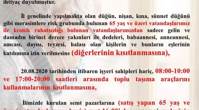  Karabük’te 65 yaş ve üstü ile 15 yaş ve altına düğün kısıtlaması getirildi