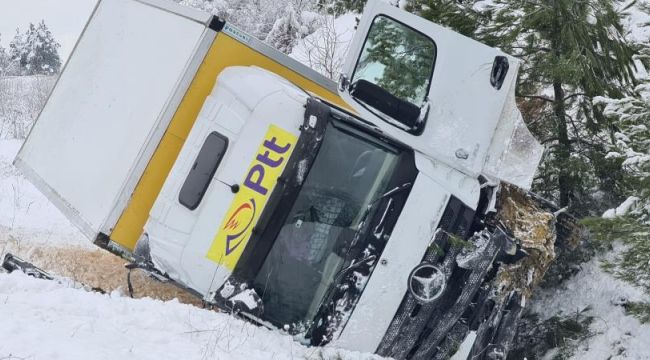  PTT kargo kamyonu yoldan çıkarak devrildi