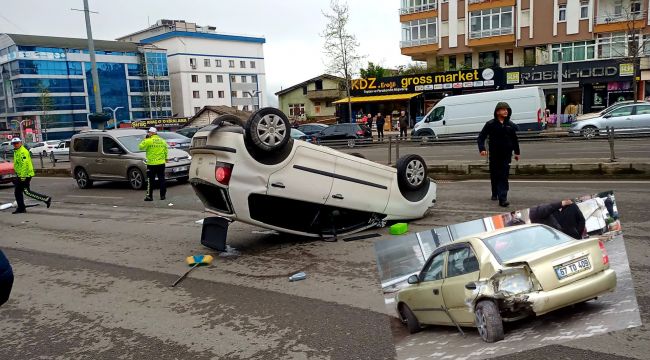 Çarpışan otomobillerden biri takla attı (Foto galeri)